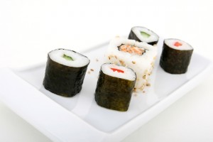 Japanese sushi seafood rolls with rice and sesame